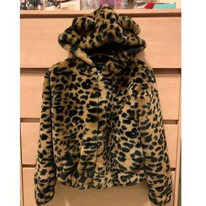 New Wild Fable Women’s Leopard Print Fuzzy Faux Fur Zip Up Jacket Animal Ears XS